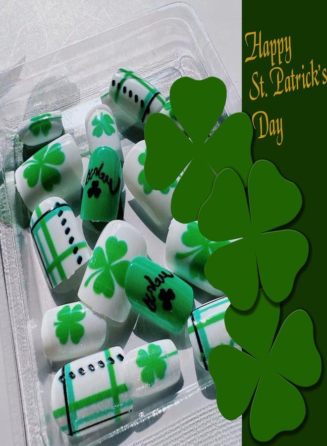 BSBTBZ 24Pcs St. Patrick's Day Press on Nails Medium Square - French Tip Fake Nails with Green Shamrock Irish Design Reusable Natural Stick on Nails Gift for Women DIY St. Patrick's Day Clover Manicure Set - Image 4